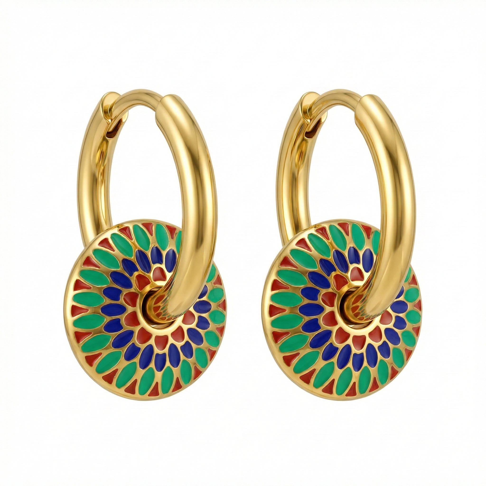 Créoles dorées en acier inoxydable avec pendentif rond émaillé multicolore bohème chic